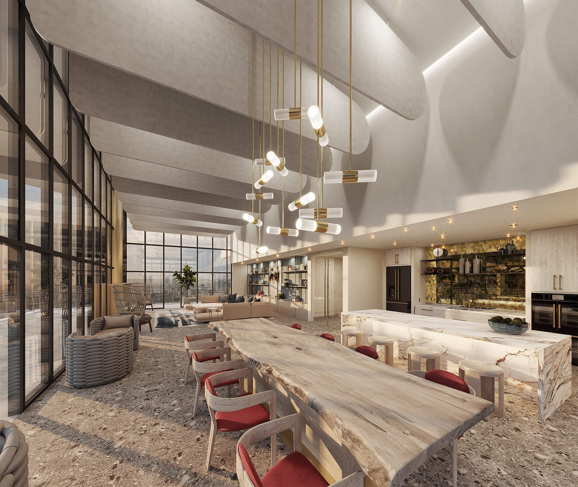 101 N. Meridian sky deck lounge and kitchen rendering
