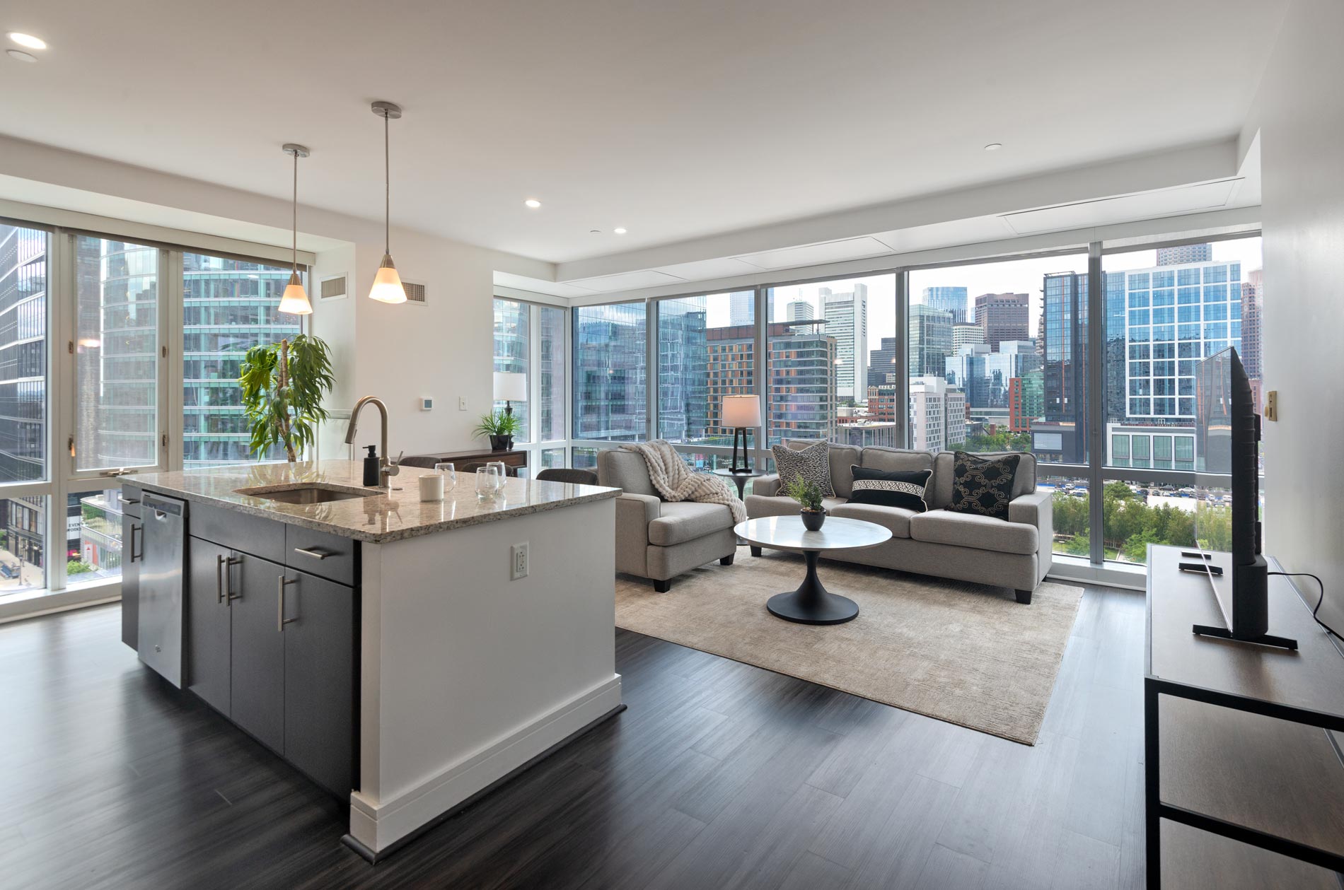 100 Pier 4 staged living room and kitchen