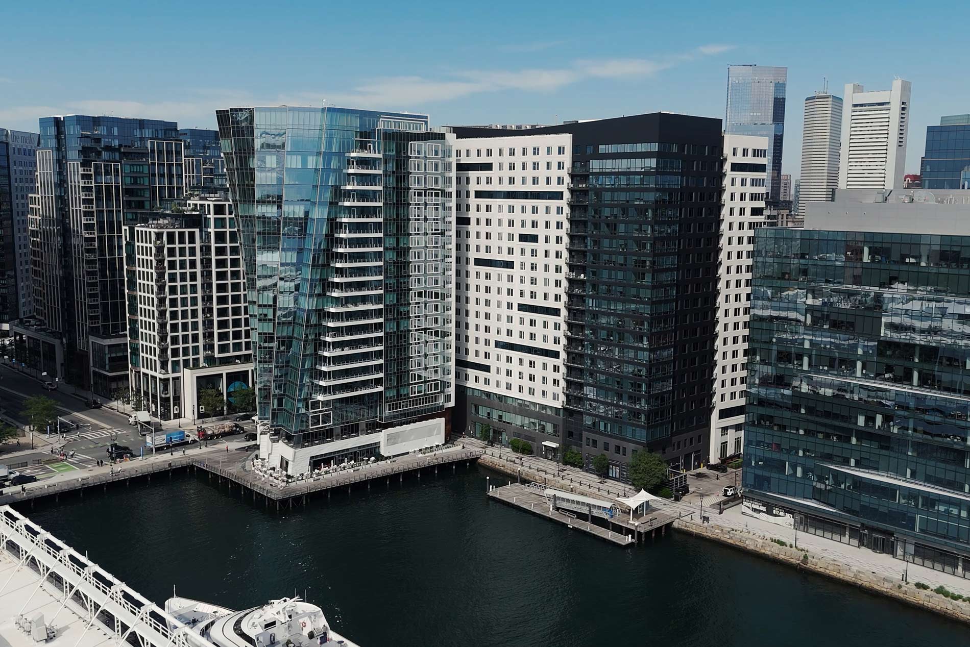 aerial view of 100 Pier 4 apartments in the Seaport neighborhood of Boston