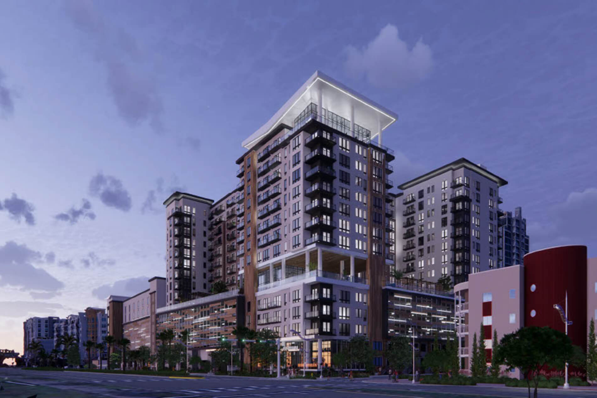 101 N. Meridian exterior rendering at dusk