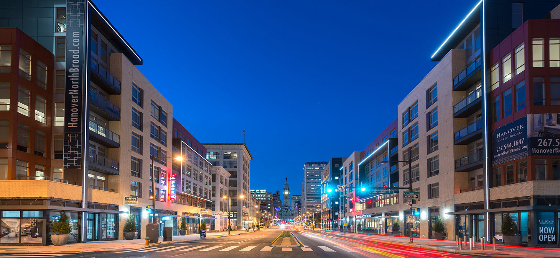 322 on North Broad buildings at dusk