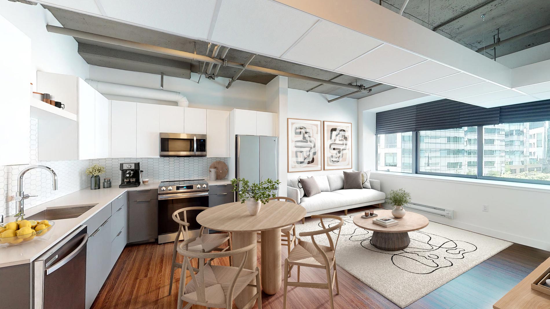 388 Beale staged kitchen and living room