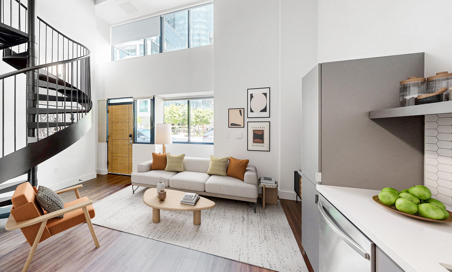 388 Beale staged kitchen and living room