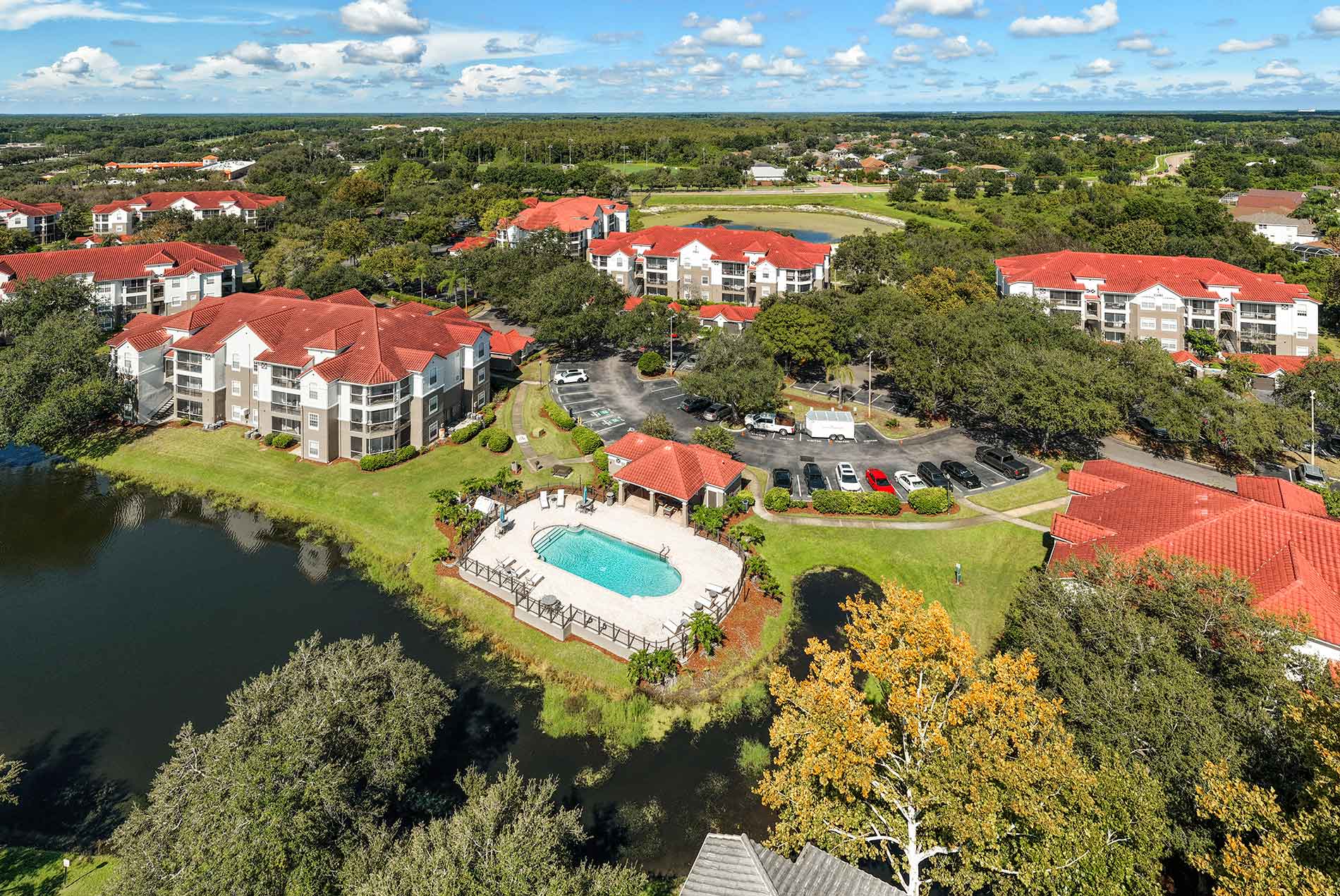 Andover Place at Cross Creek aerial building exterior and pool