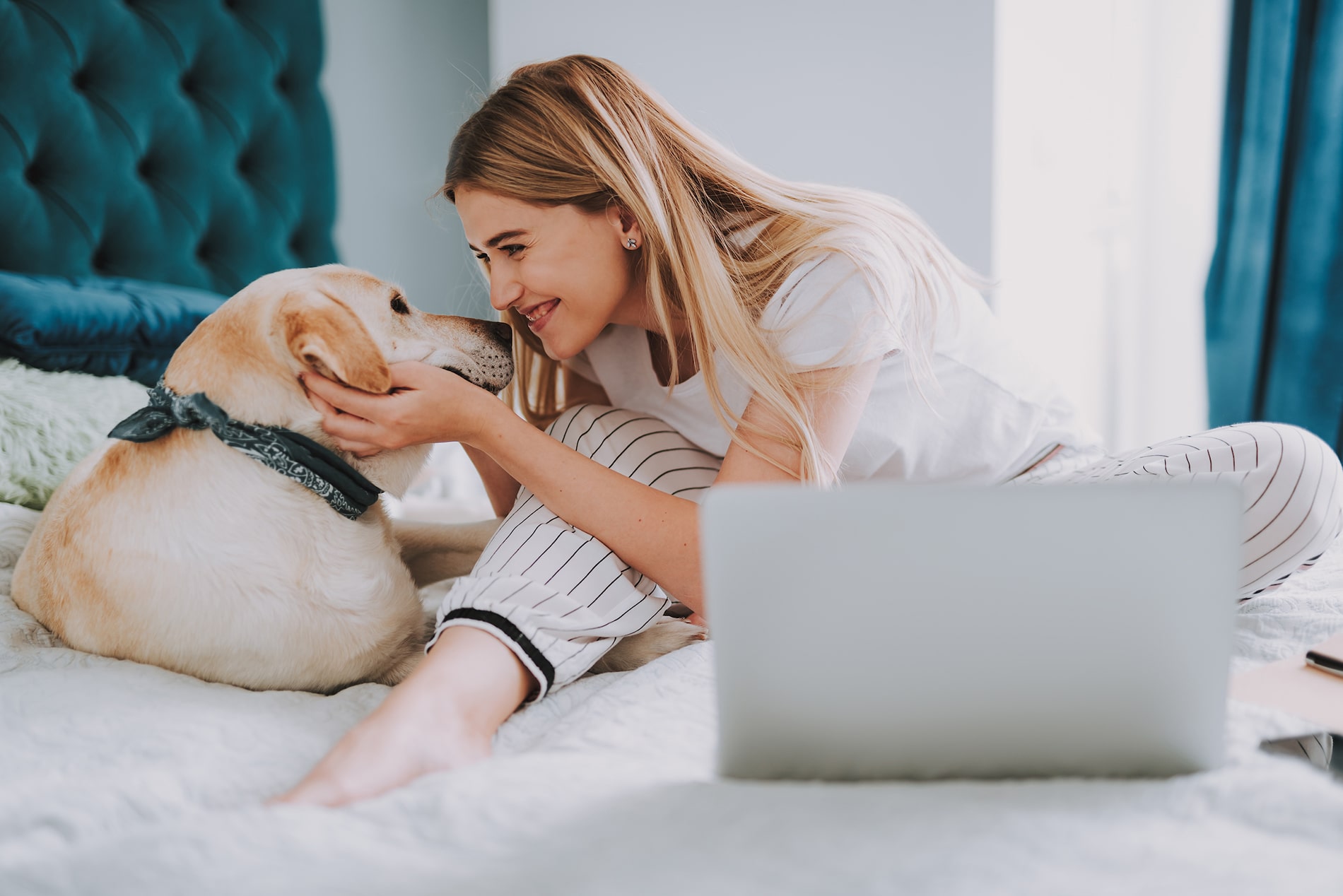 woman working on laptop with dog