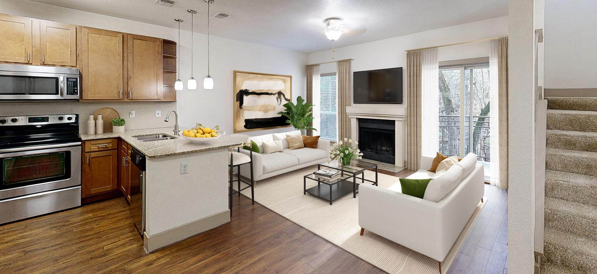 Barton Creek Staged kitchen and living room