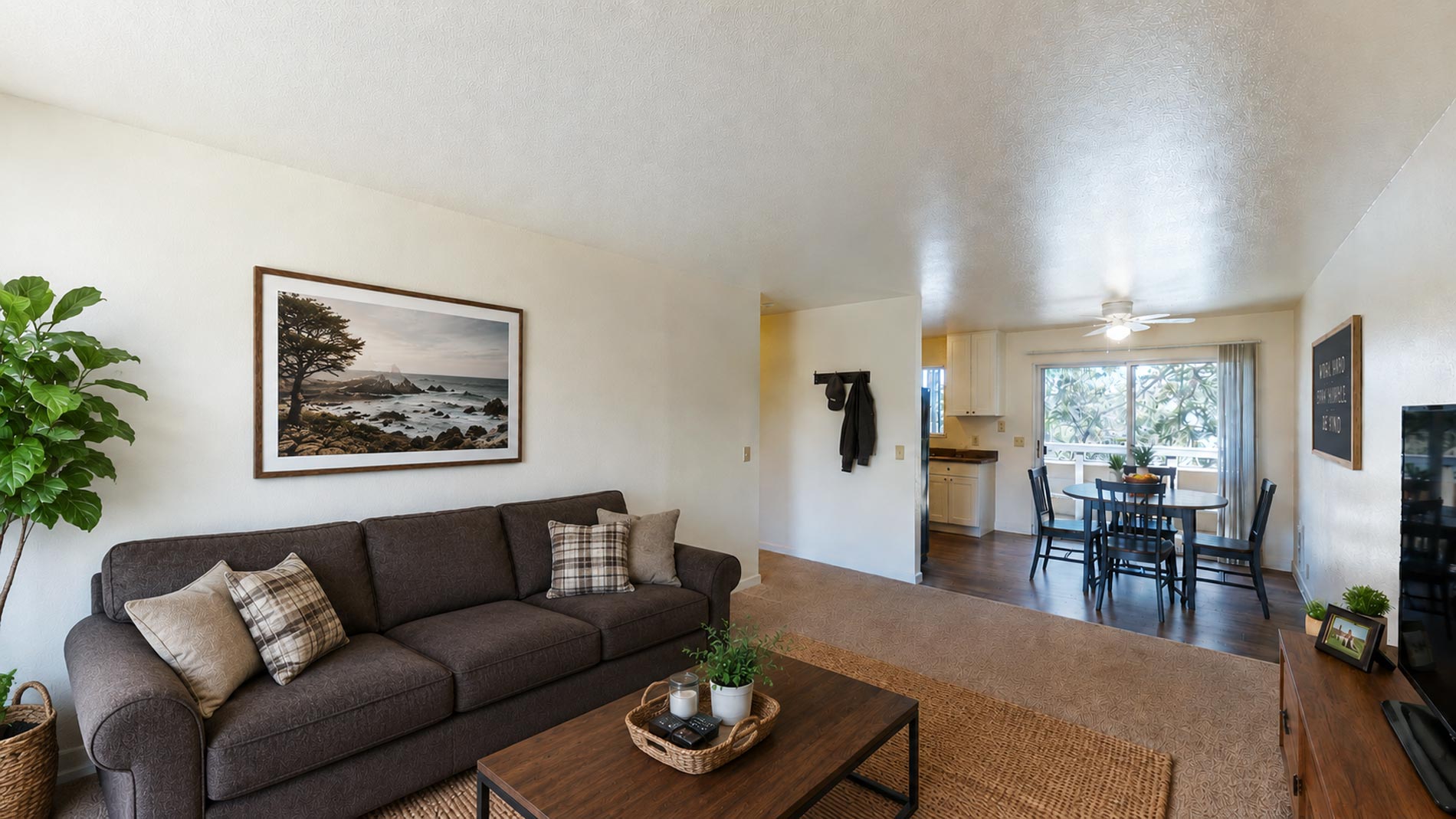 Boronda Manor staged kitchen and living room