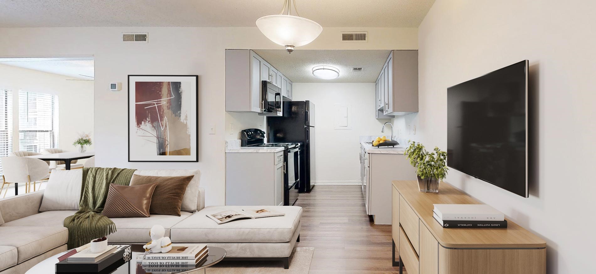 Breckenridge staged kitchen and living room