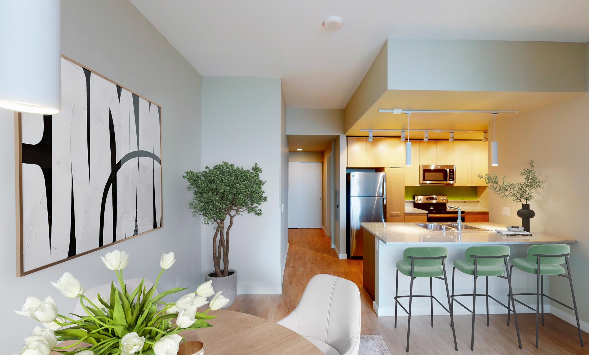 Brio staged dining room and kitchen