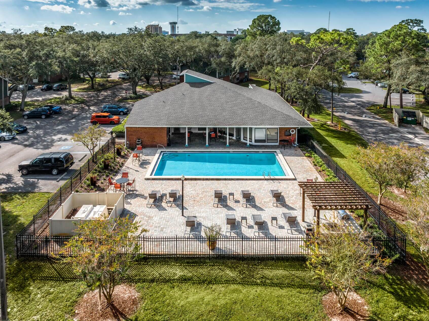 Cambridge Woods drone view of pool