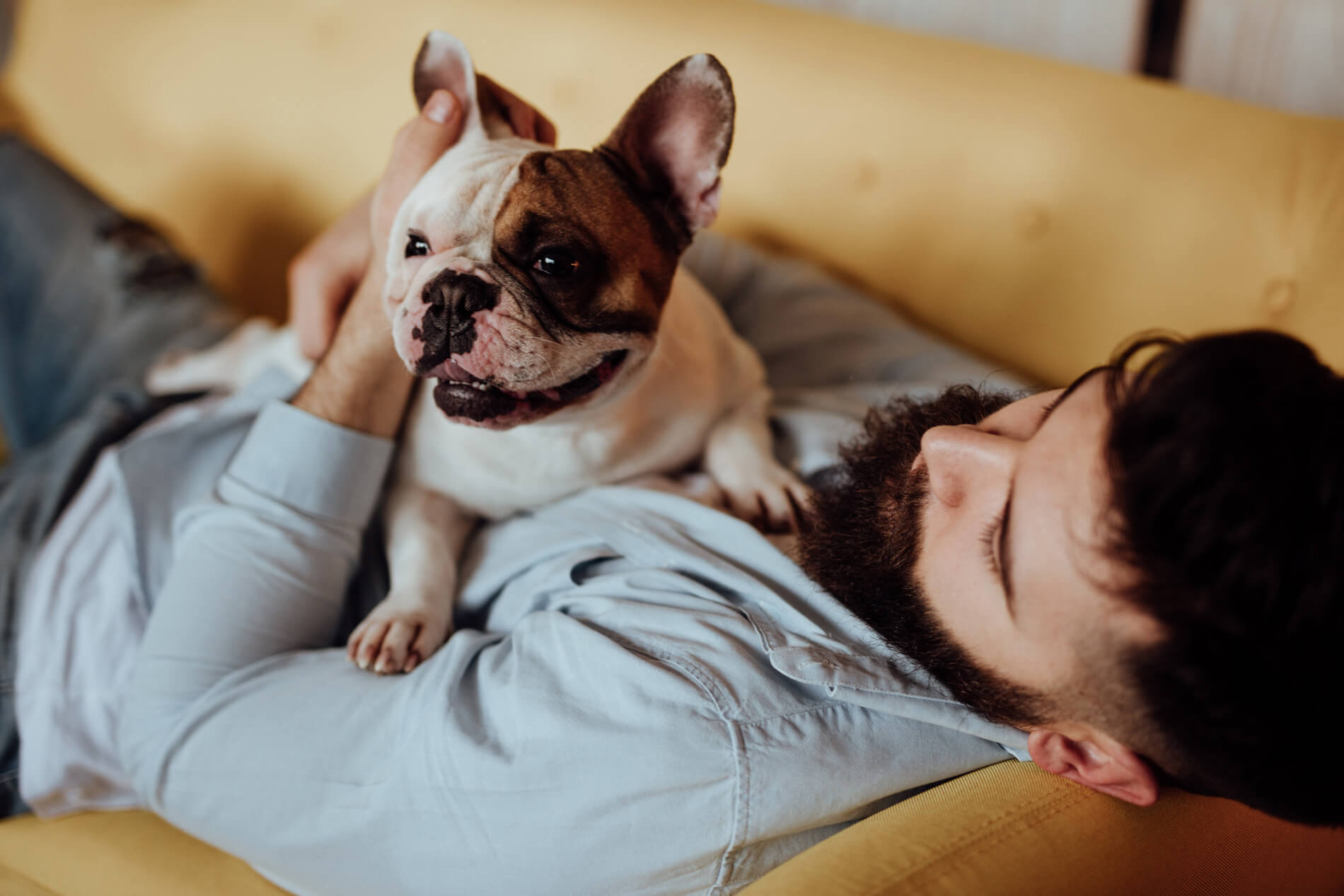 Man laying on the couch with his dog