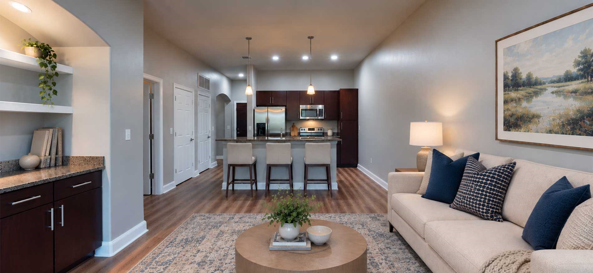 Charles River Landing apartment living room and kitchen