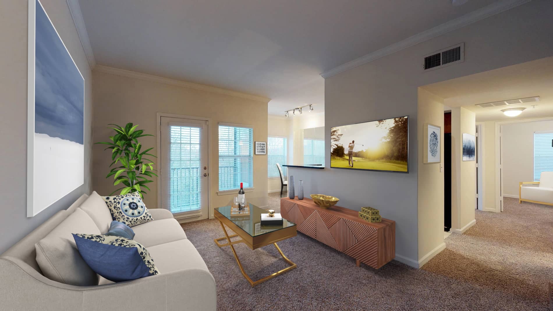 Colonnade B1 living room staged by RooOmy