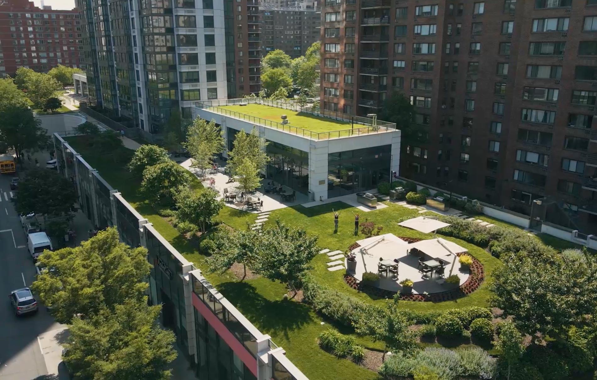 Columbus Square drone exterior building and grassy area