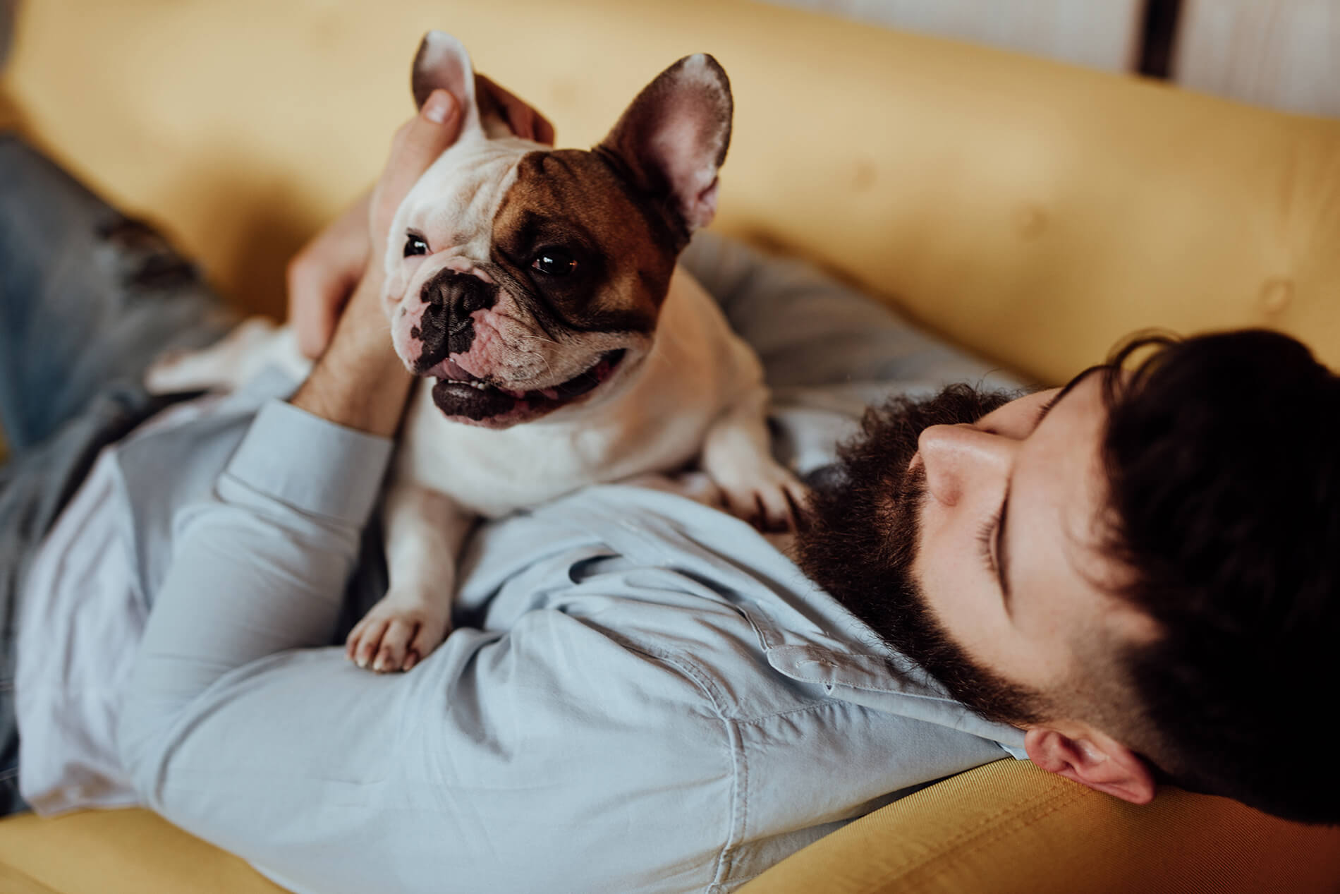man on couch with dog
