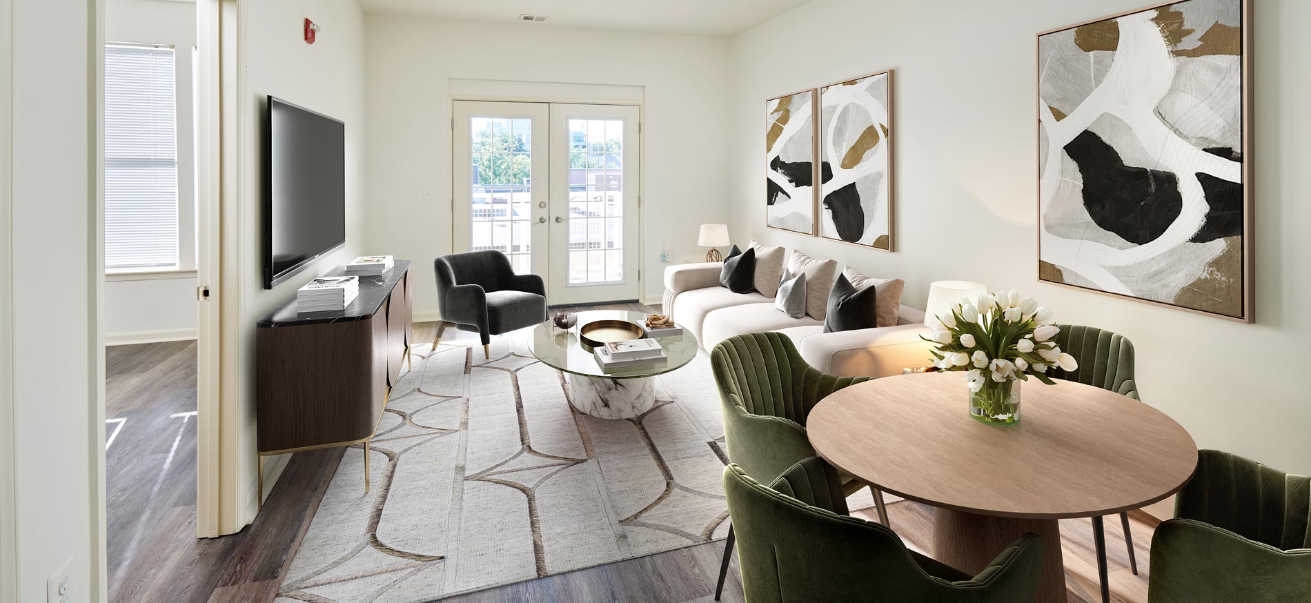 Delancey at Shirlington Village staged dining and living room