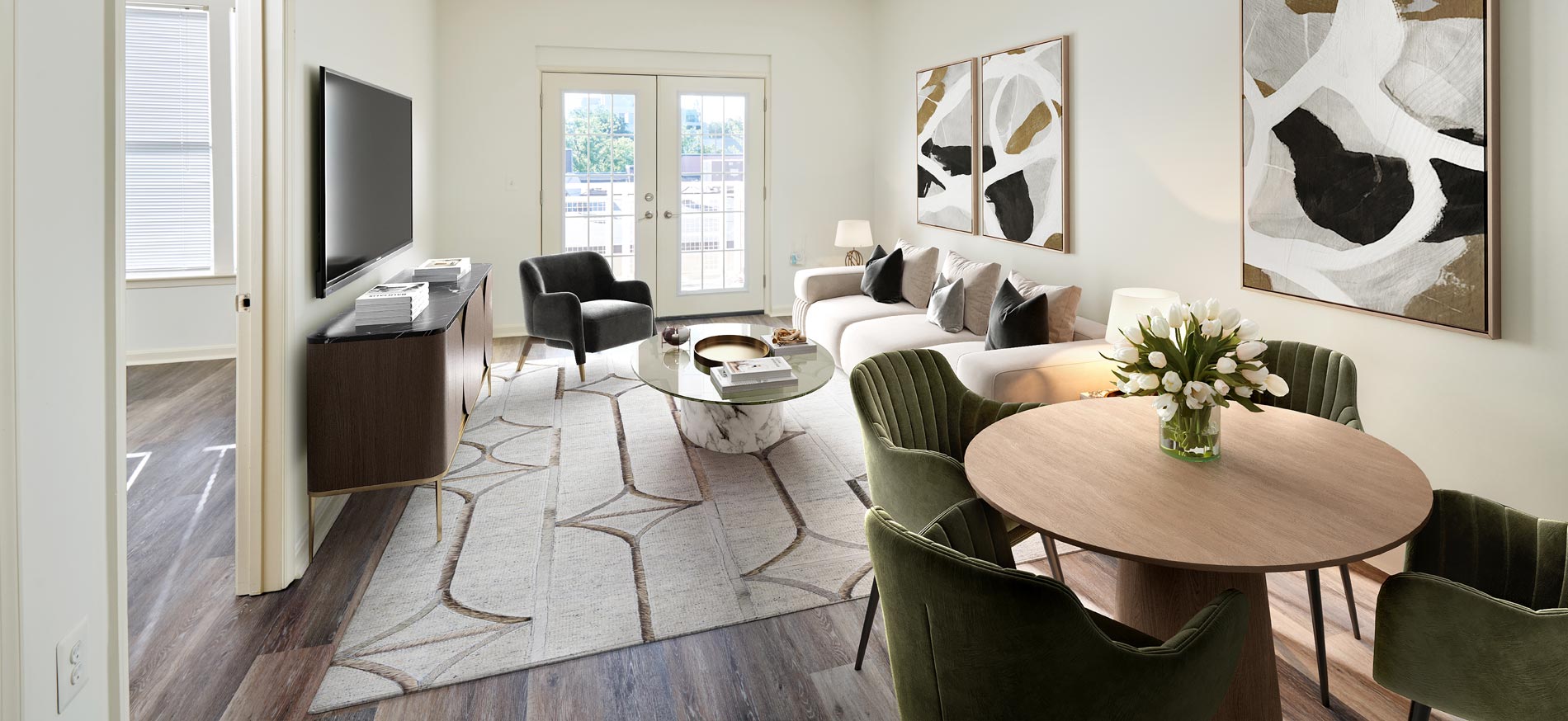 Delancey at Shirlington Village staged dining and living room