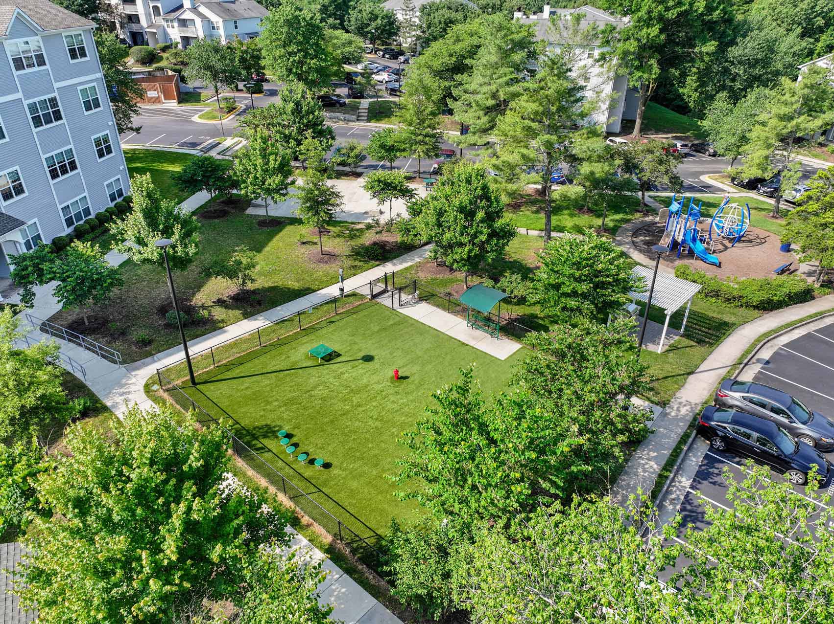 Dominion Middle Ridge aerial building exterior and dog park