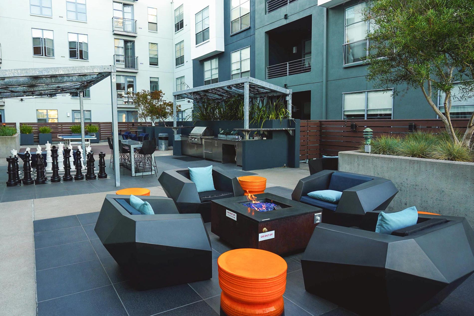 Edgewater courtyard and large chess