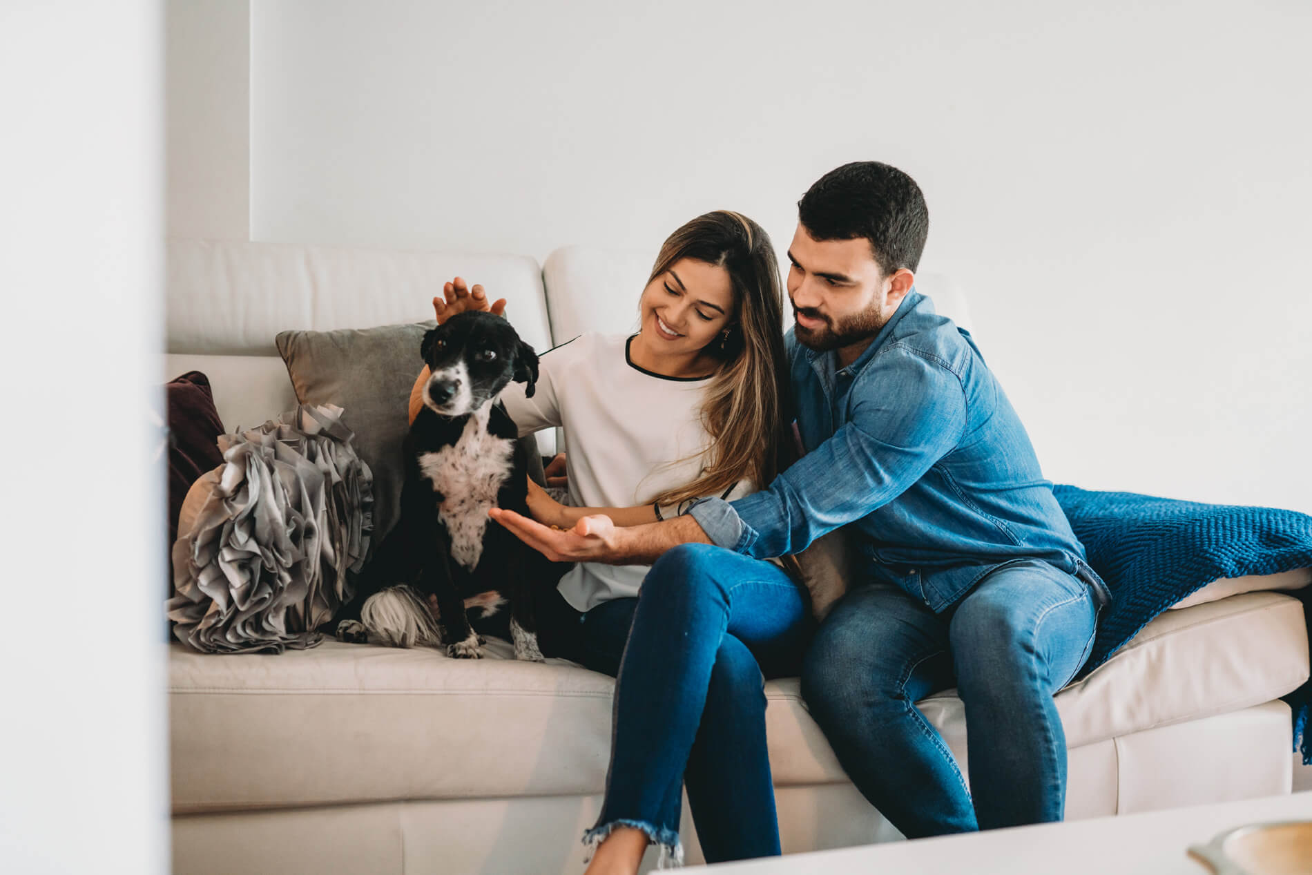 Couple sitting with dog on the couch