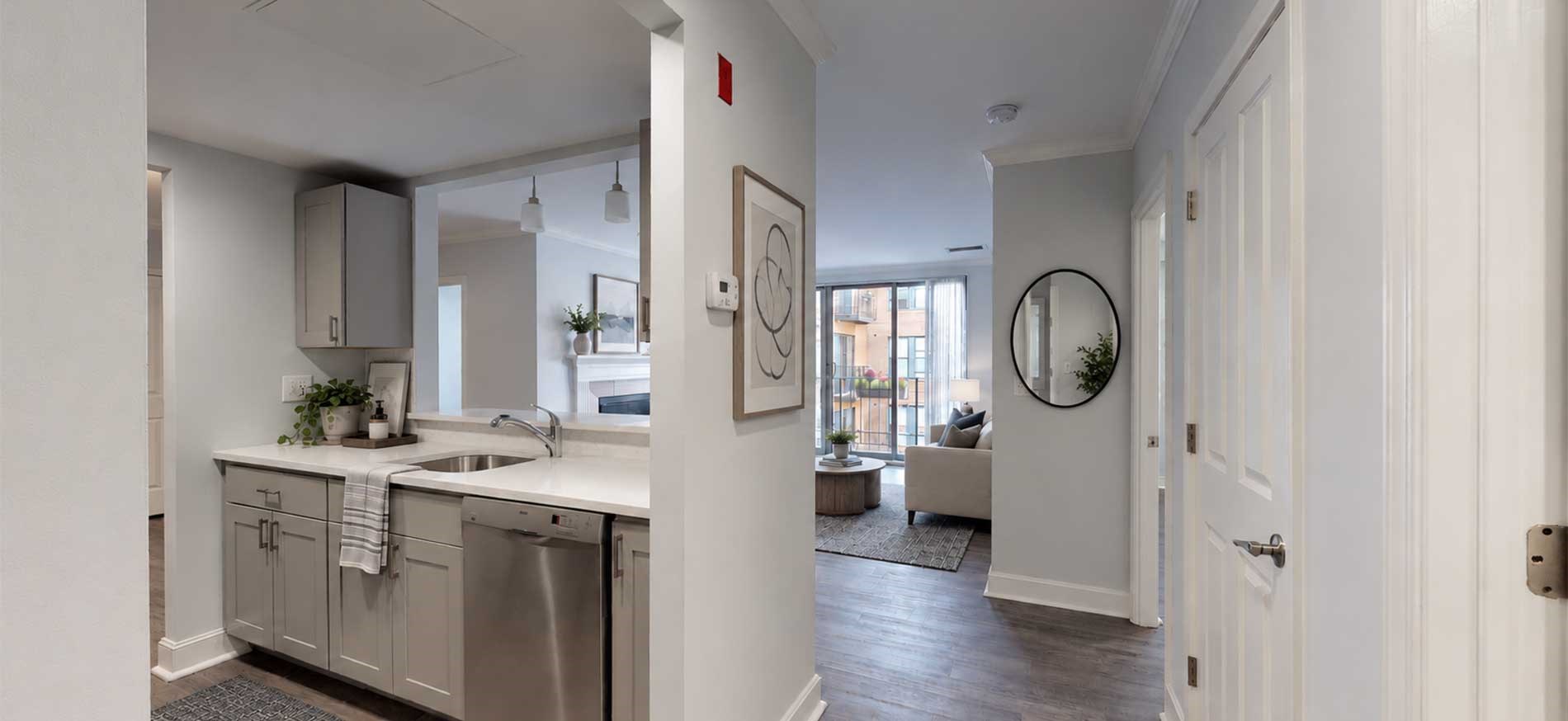 Garrison Square apartment kitchen and living room