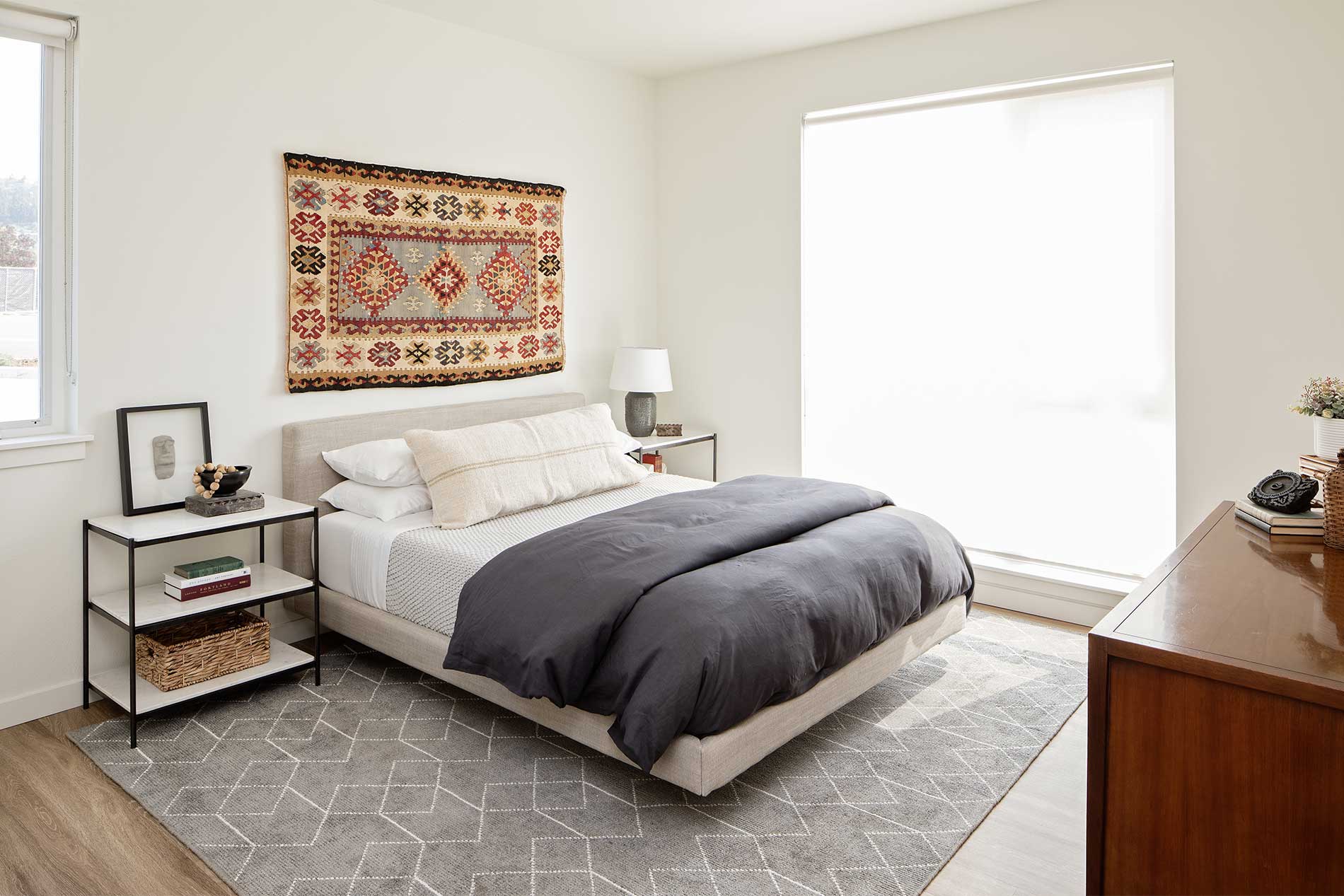 Bright bedroom at Heirloom apartments in Portland, OR