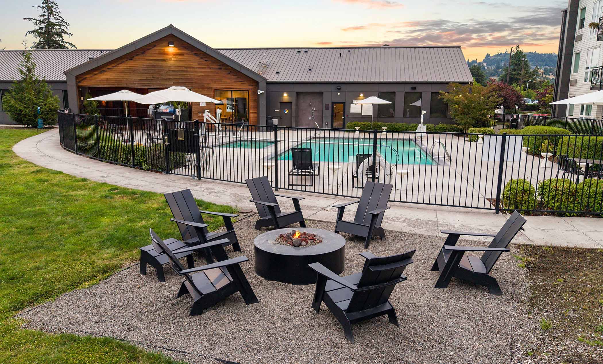 Heirloom apartments aerial fire pit and pool