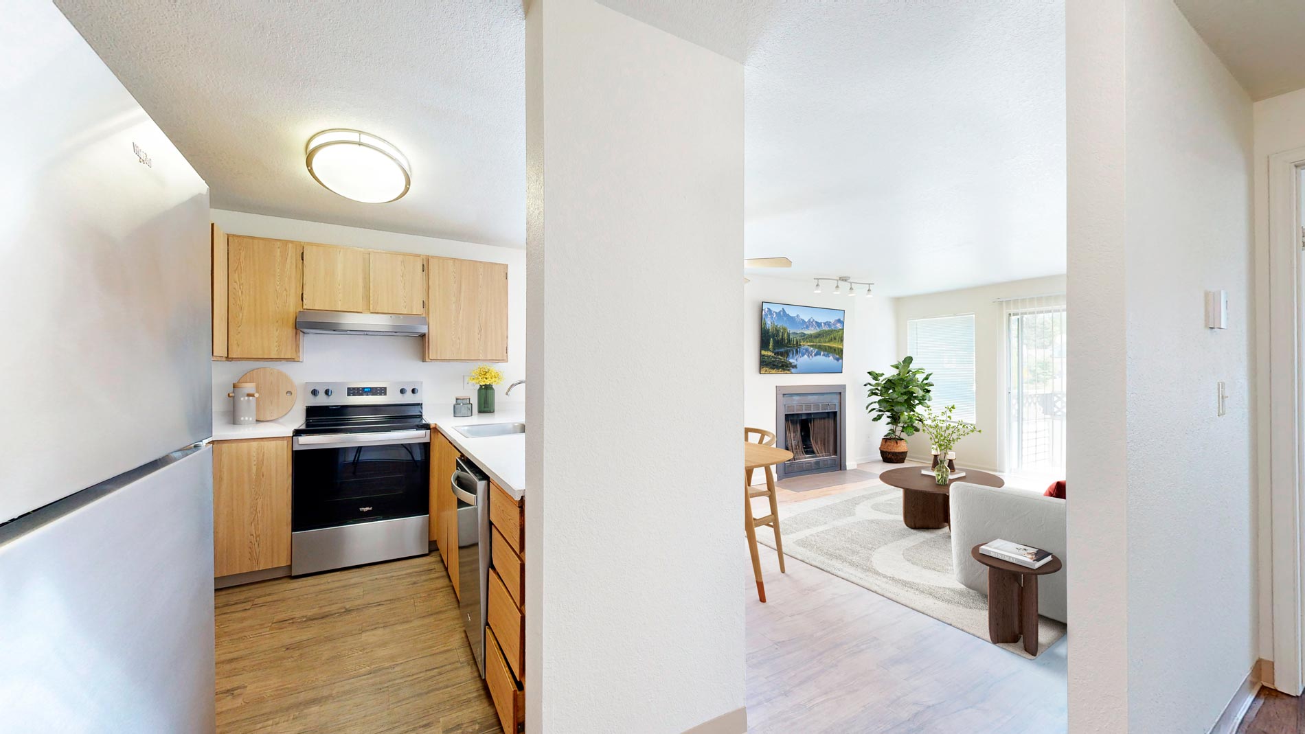 Hilltop in the Highlands staged kitchen and living room