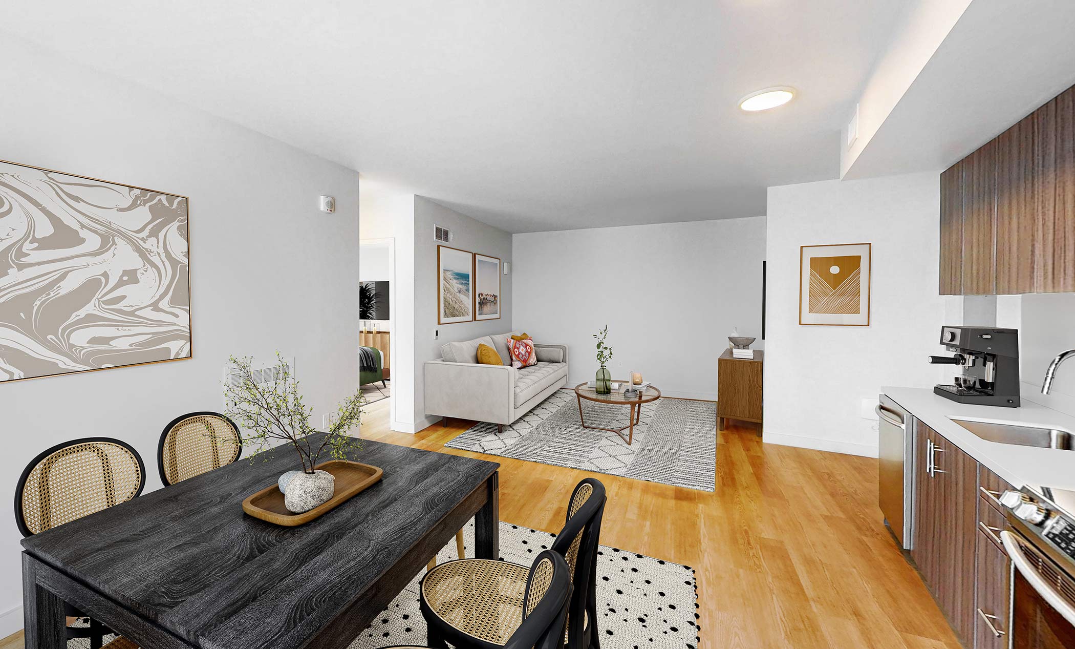 HQ apartments staged kitchen and dining room