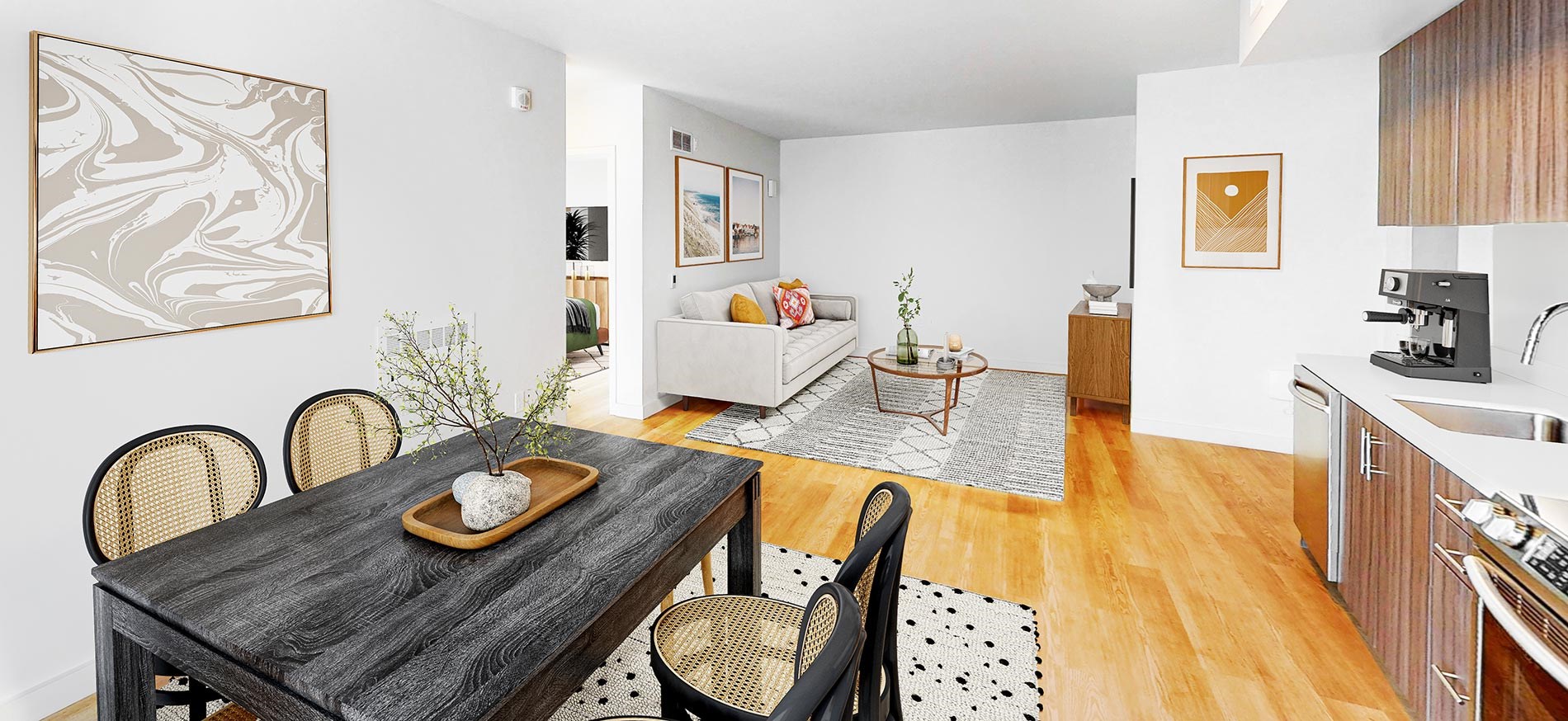 HQ apartments staged kitchen and dining room