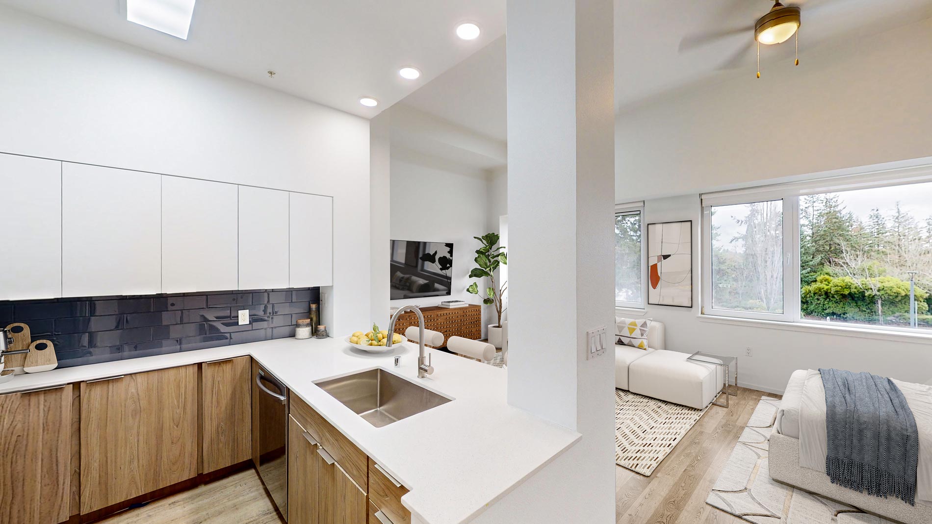 Island Square staged kitchen and living room