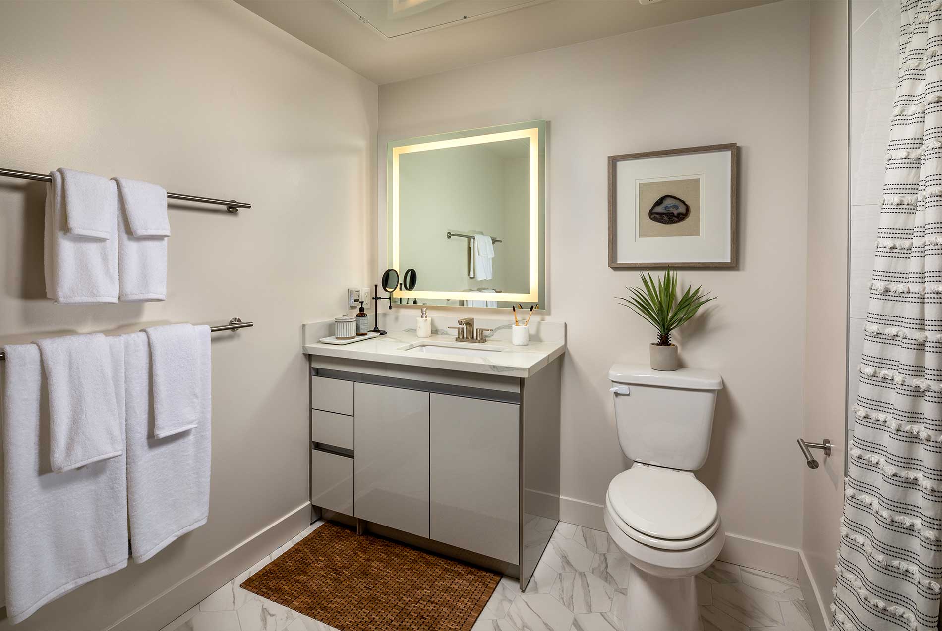 Modern apartment bathroom with quality finishes at Junction Santa Monica