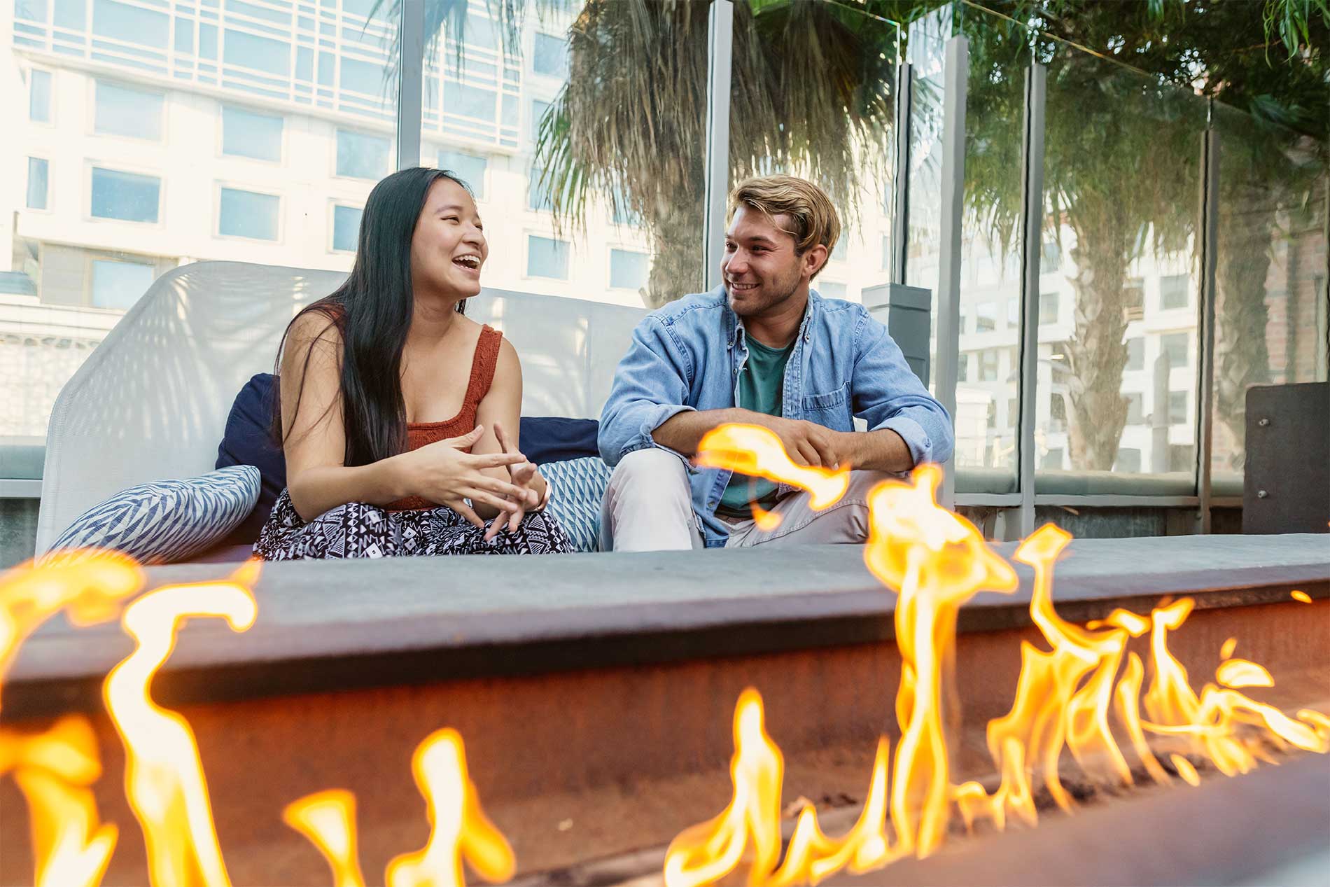 Residents enjoying rooftop lounge seating at a Santa Monica apartment community