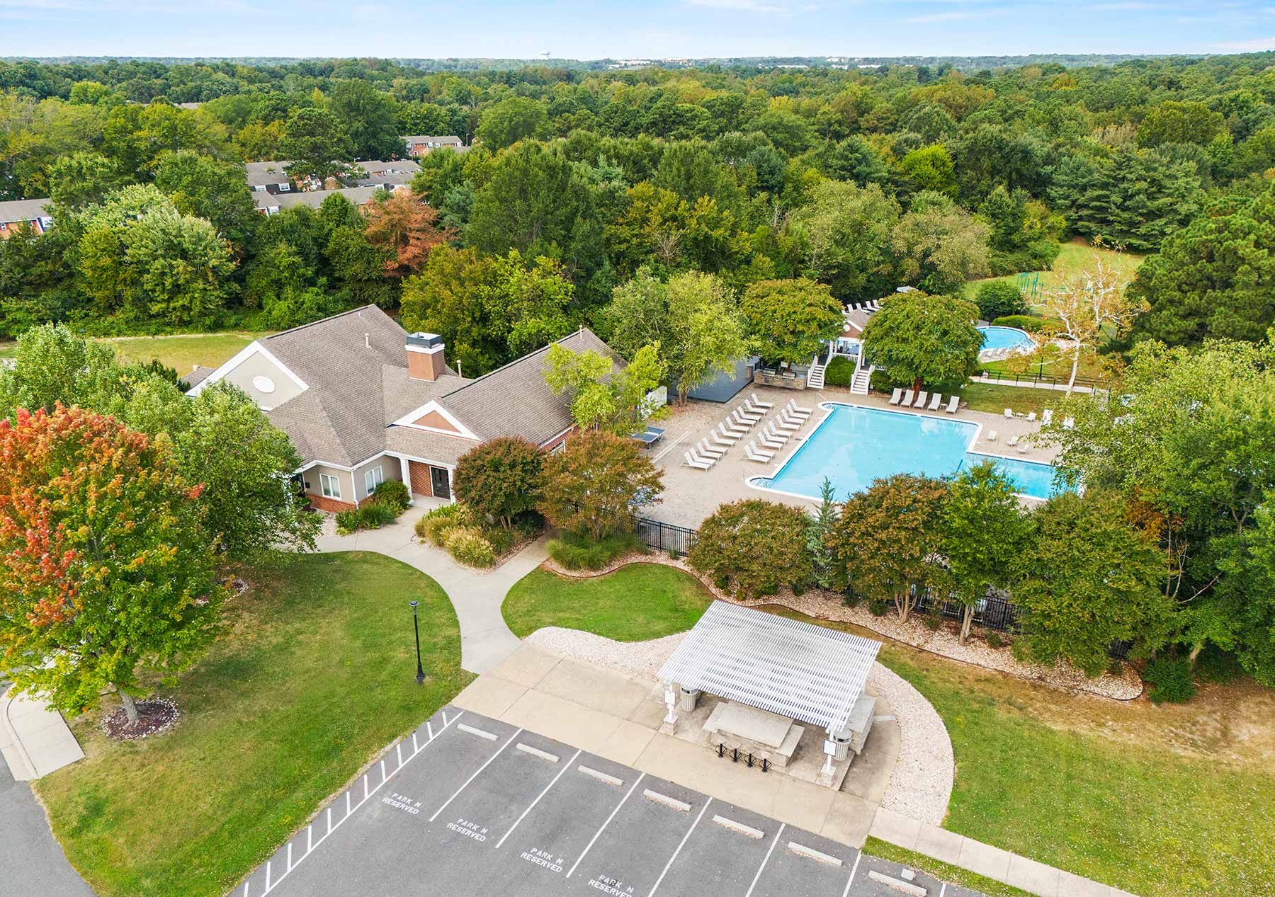 Legacy At Mayland drone building exterior and pool