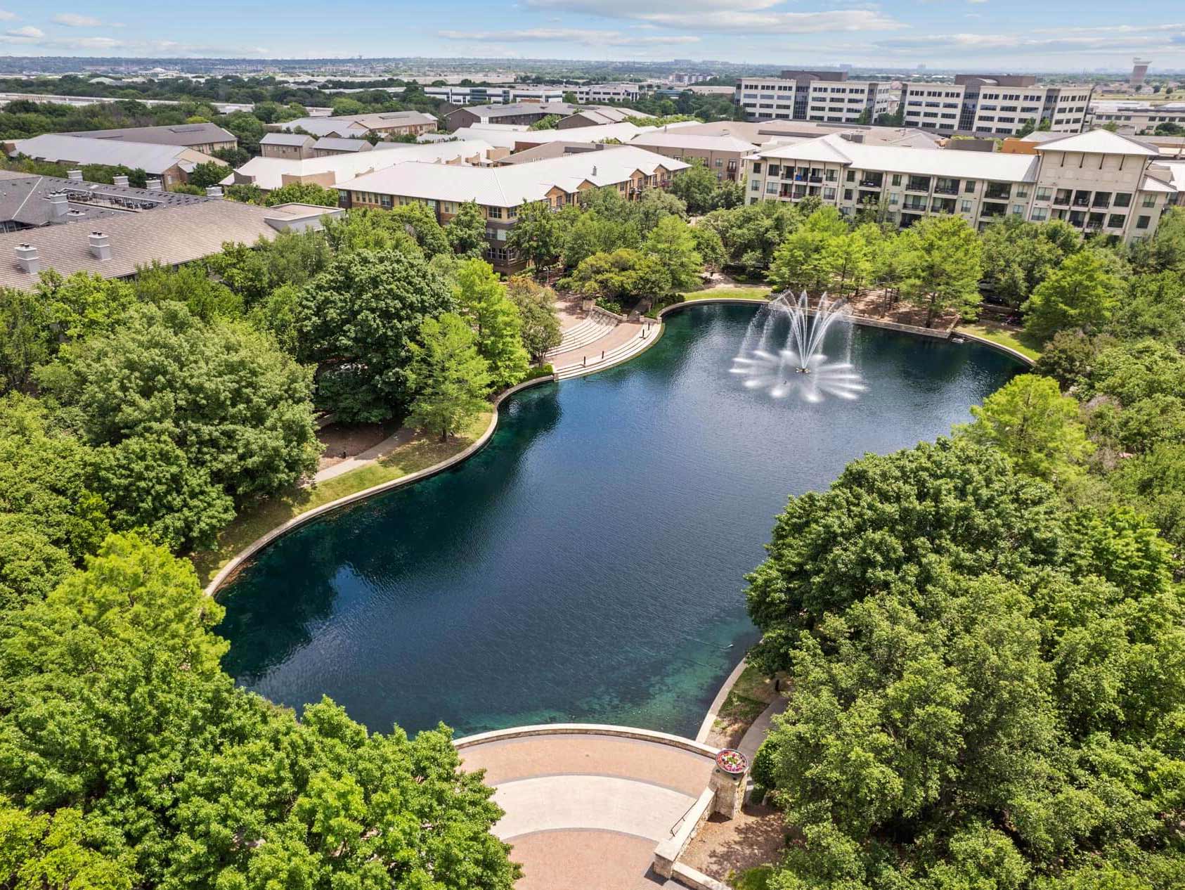Legacy Village Drone exterior building and Bishop Park