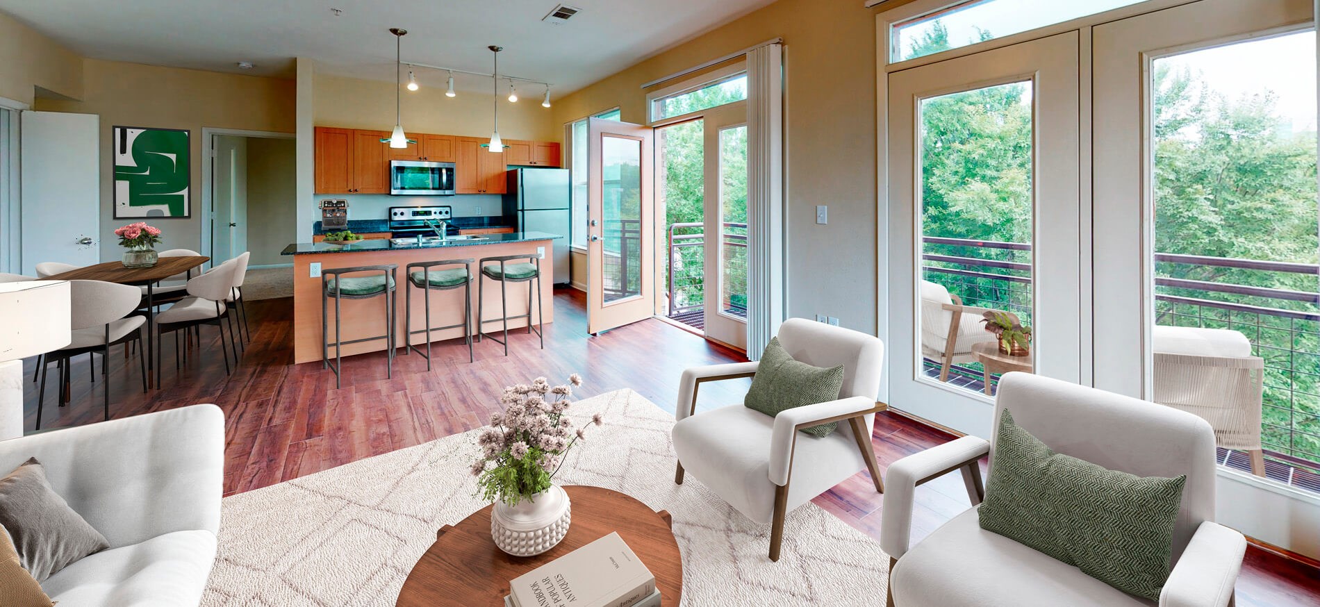 Legacy Village staged living room and kitchen