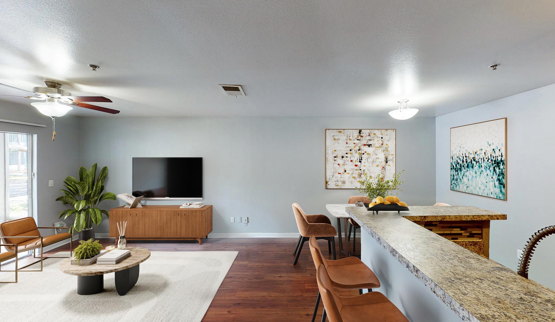 Los Altos Espresso Living Dining room staged