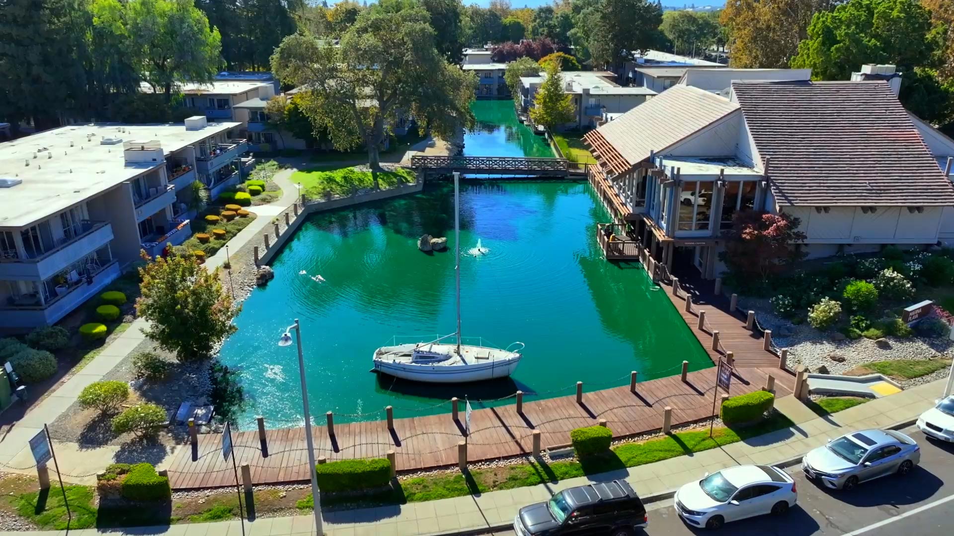 Marina Playa drone building exterior and waterway