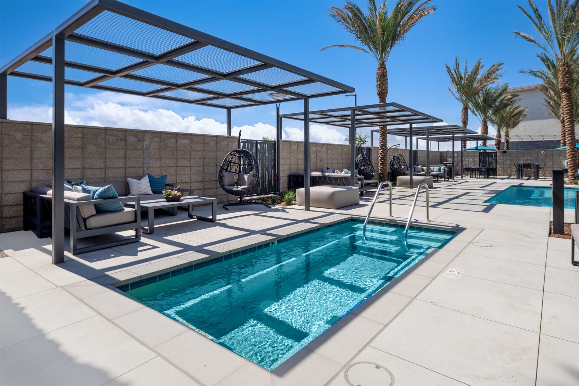 Swimming pool with spa and cabanas in Riverside, CA