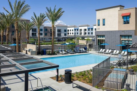 Brand-new North Grove apartments in Riverside, CA with resort-style pool and lounge seating