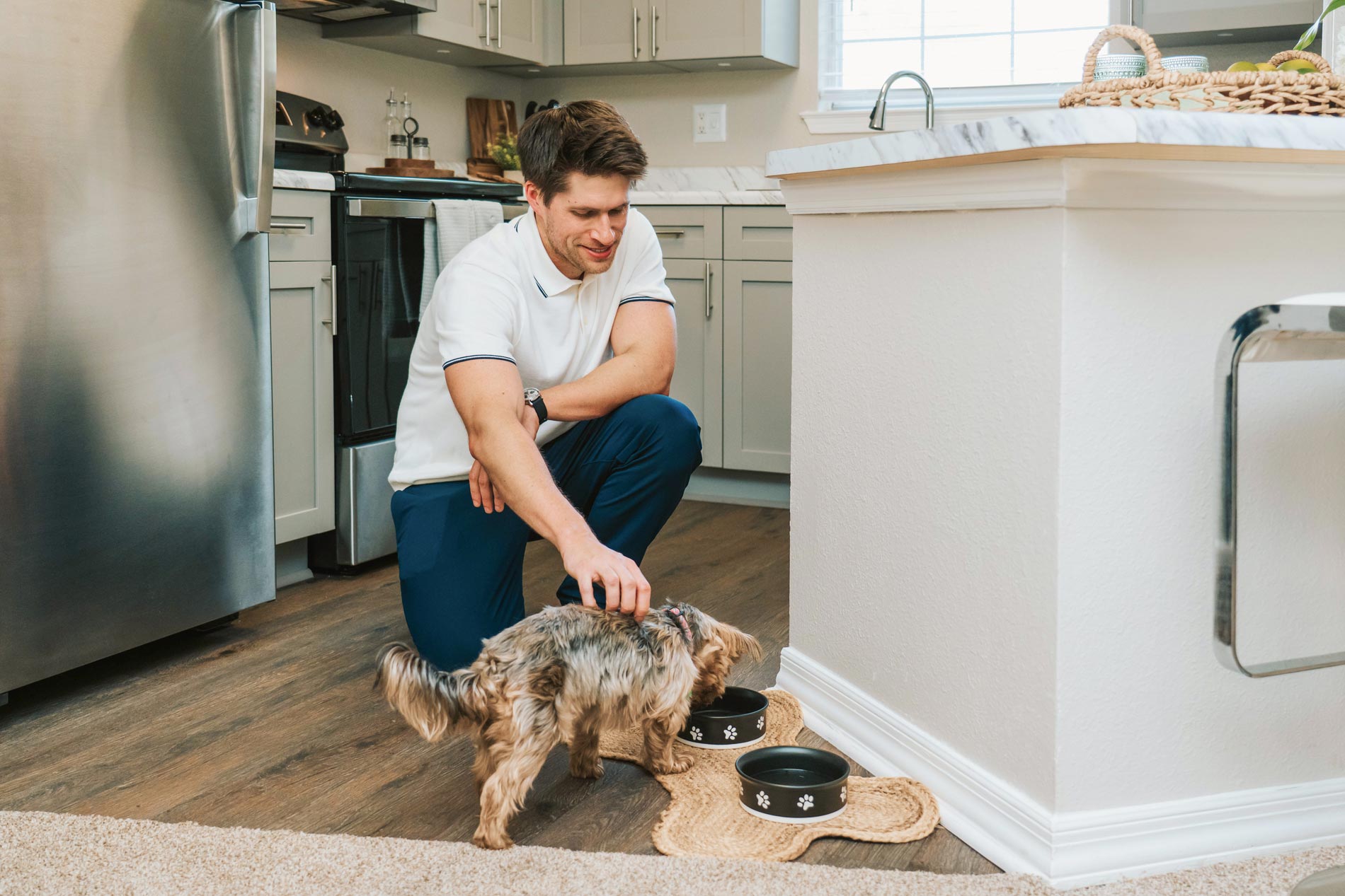 Polo Park man feeds dog in apartment kitchen