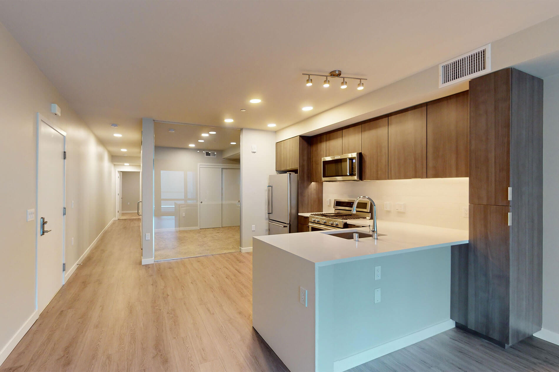 Lake Merritt apartment kitchen and living room