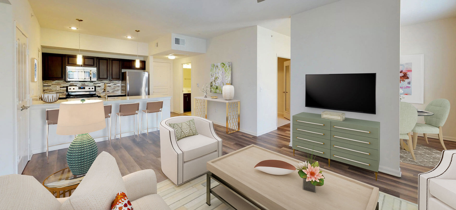 Residences at the Domain living room virtually staged