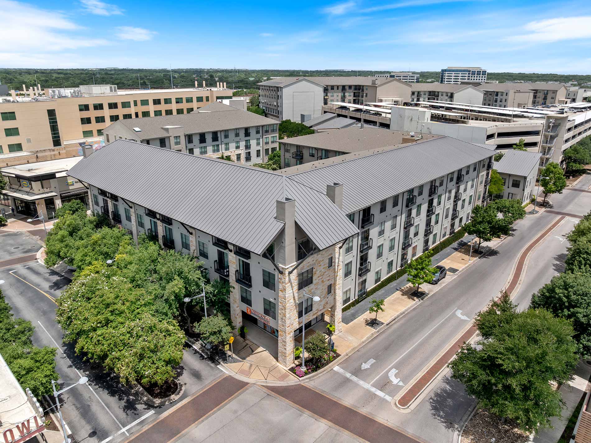 Residences at the Domain drone building exterior