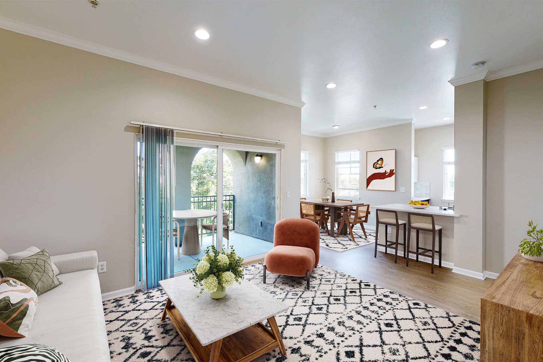 Spacious apartment interior at River Terrace featuring a modern kitchen and living area.
