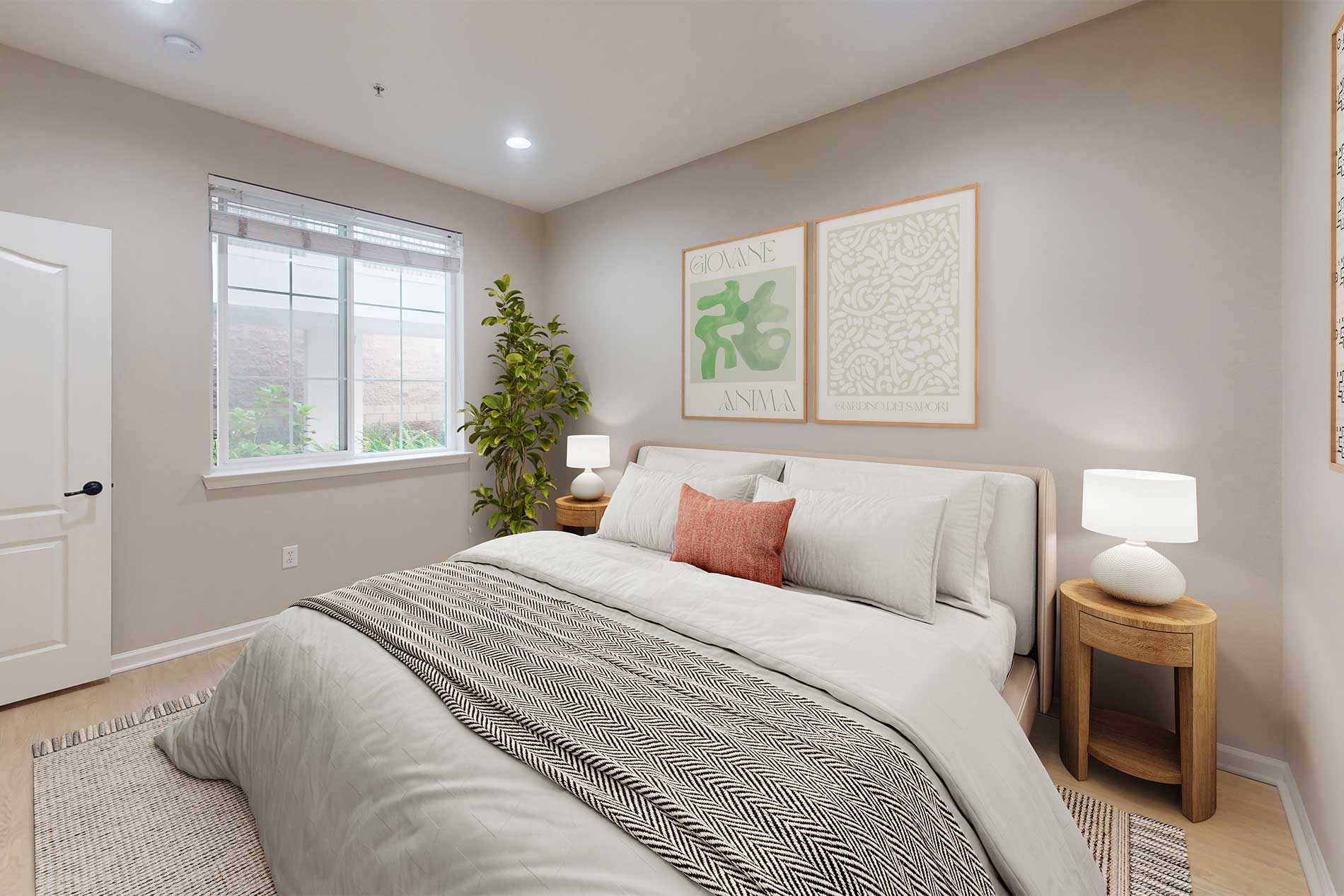 Comfortable bedroom with abundant natural light at River Terrace in Santa Clara.