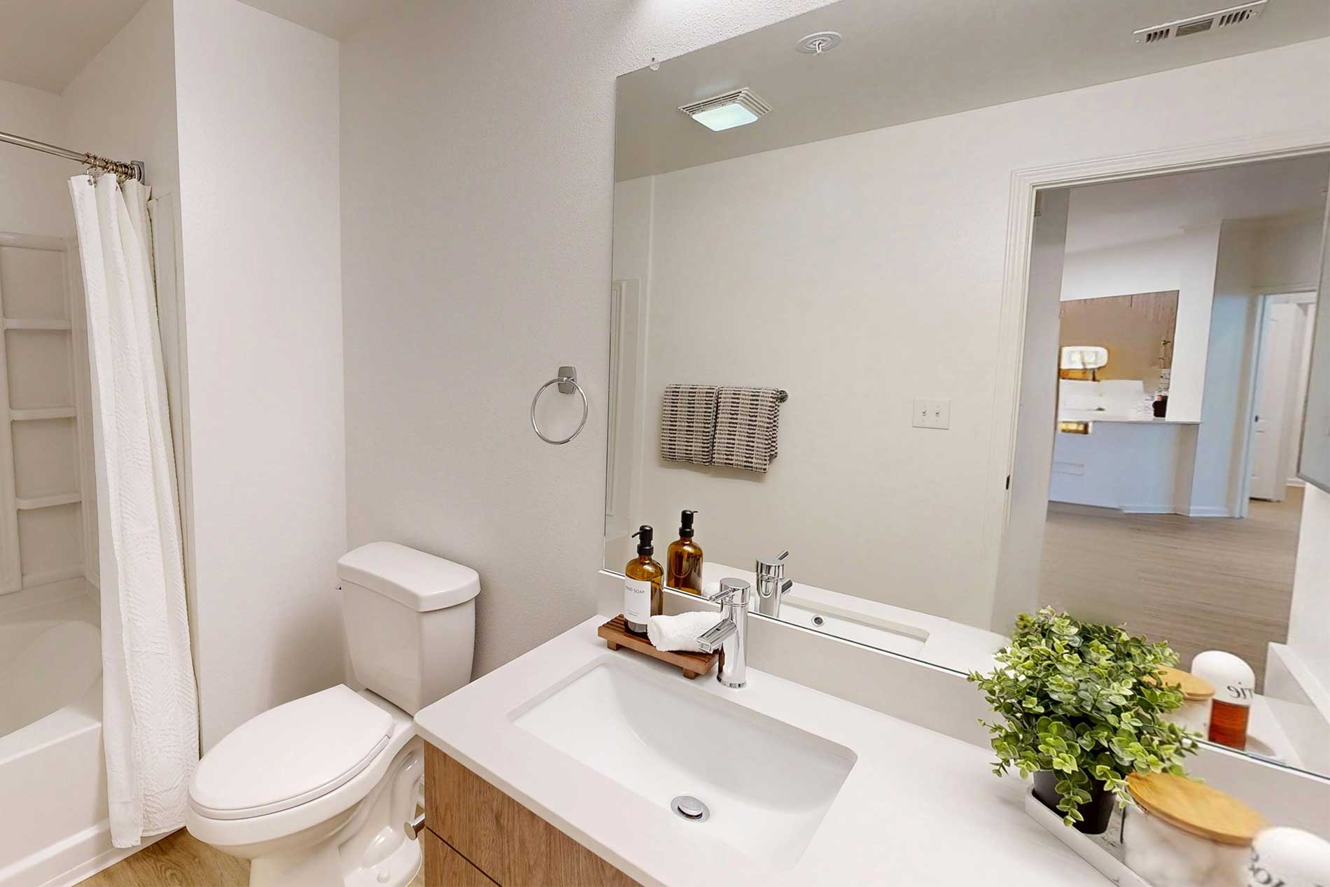 Modern bathroom vanity inside a River Terrace apartment home.