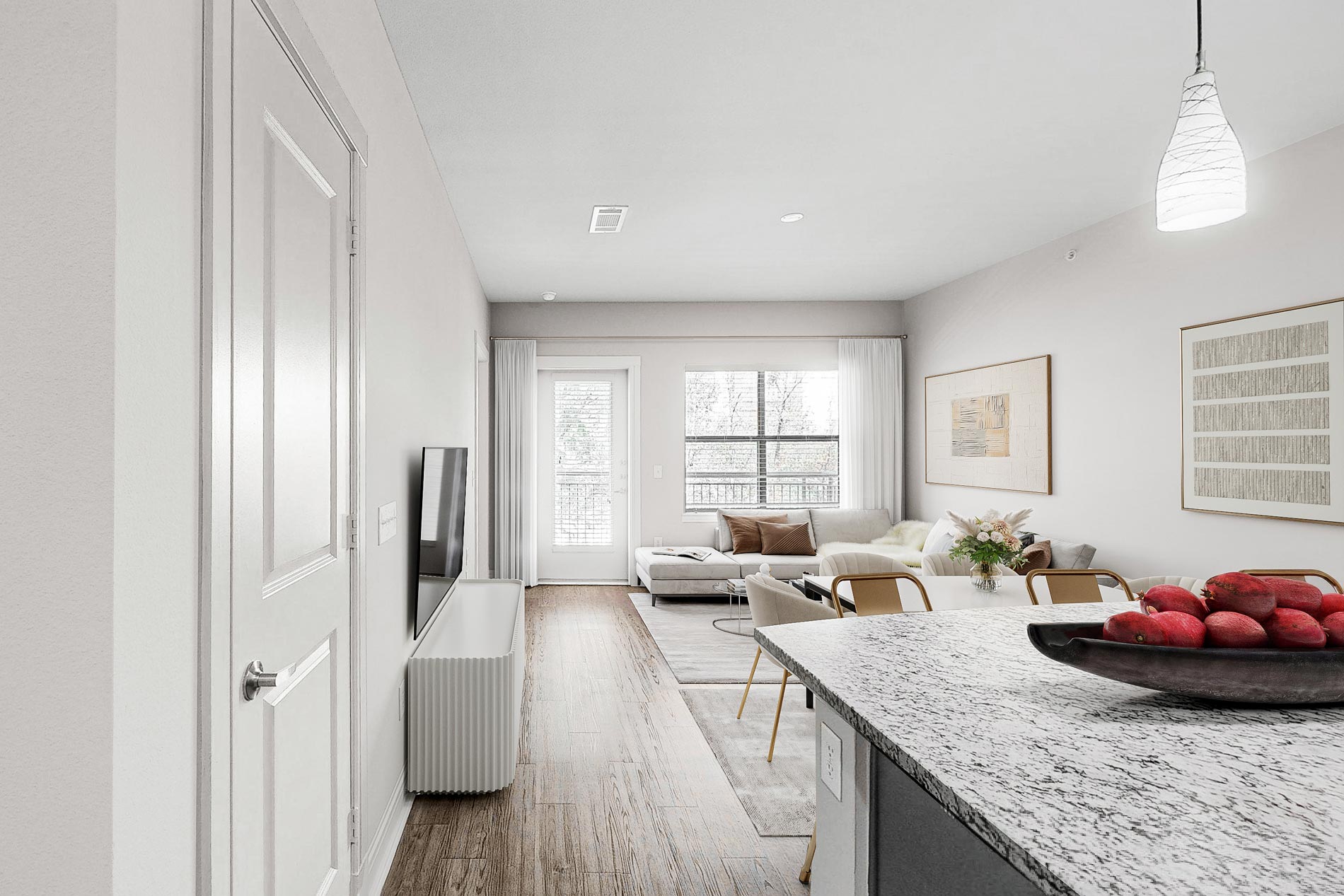 Savoye staged kitchen and living room