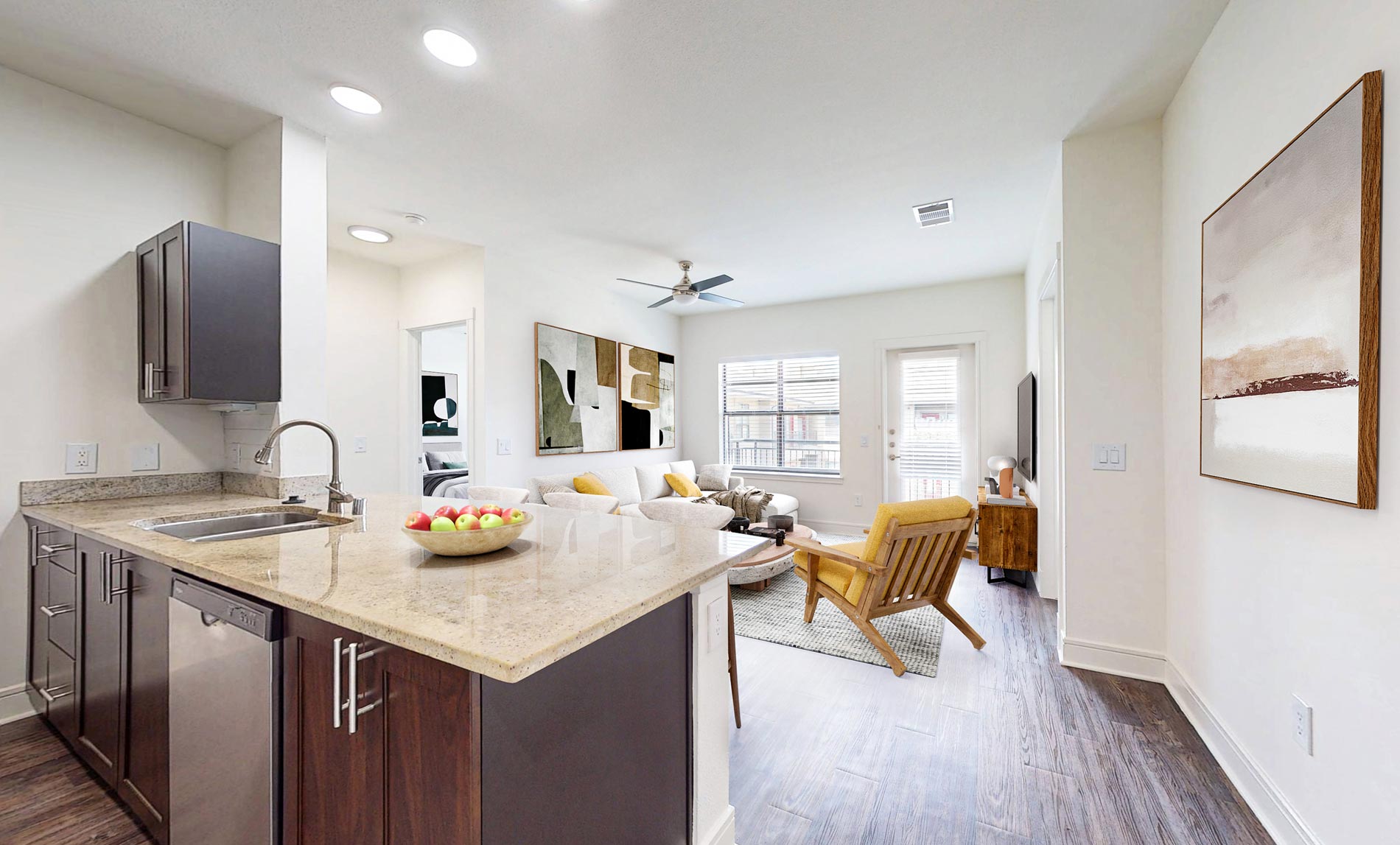 Savoye staged kitchen and living room