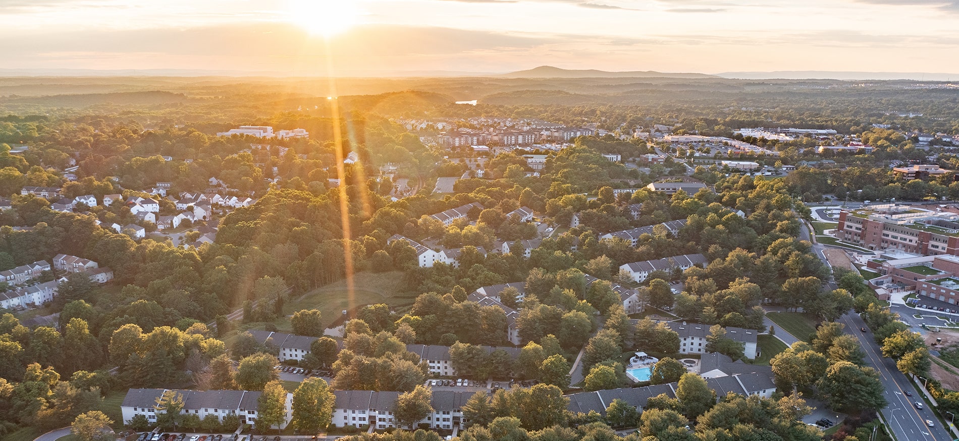 Seneca Place Apartments Aerial at Sunset